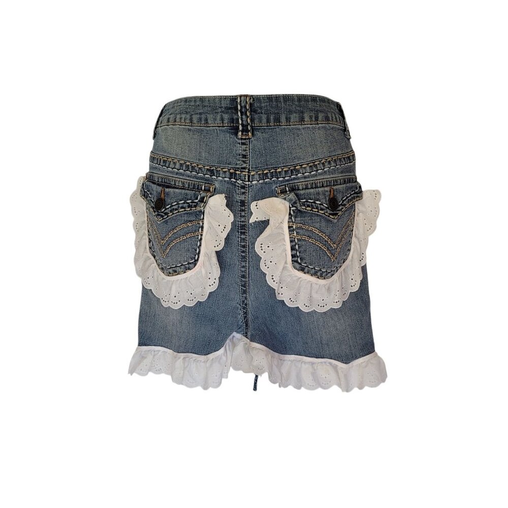 Denim Half Apron White Eyelet Lace Trim & Back Pockets